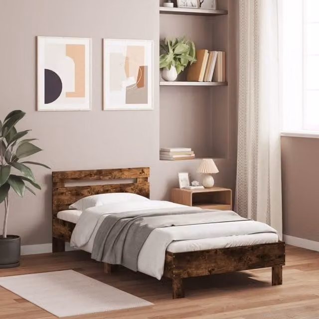 Berkfield Home Bed Frame with Headboard in Smoked Oak Brown, W: 100 cm, L: 200 cm