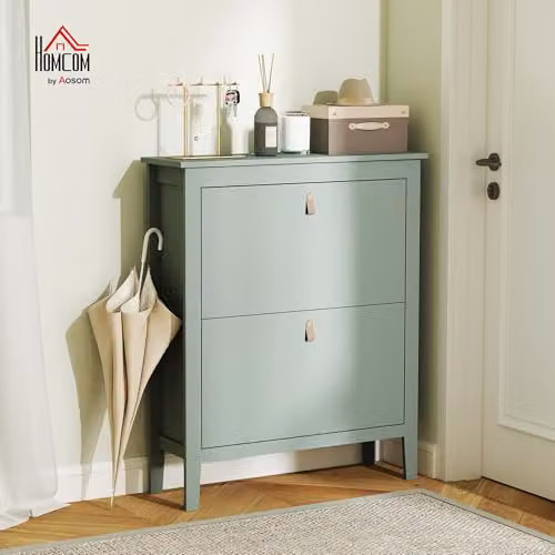 HOMCOM Green Modern Shoe Cabinet with 2 Drawers and Tilting Compartments, W/D/H: 80 x 24 x 95.5 cm – 2