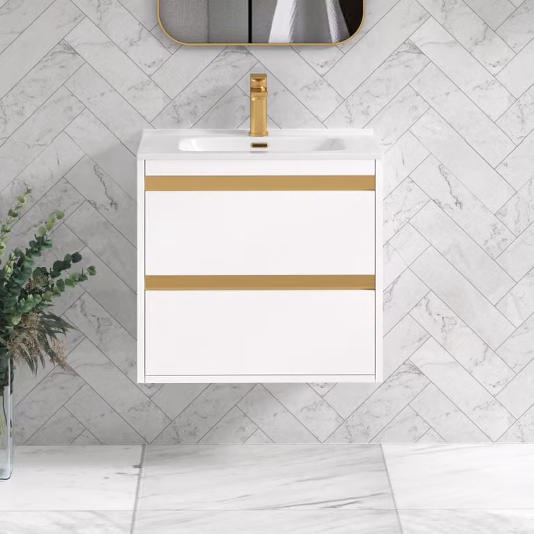Royal Bathrooms Orion 600mm Matt White 2 Drawer Wall Hung Vanity Unit with Ceramic Basin and Gold Accent Trim