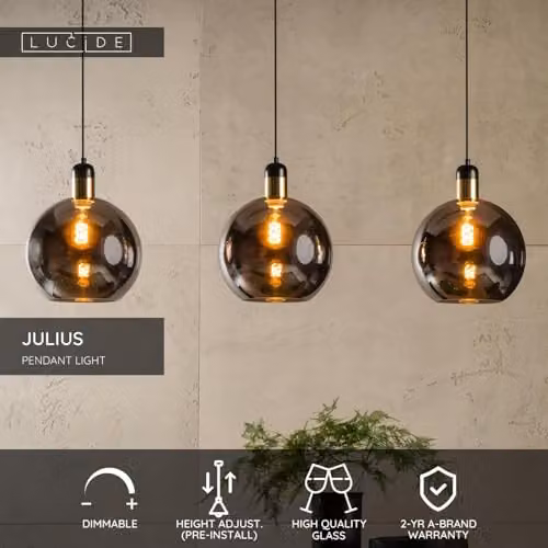 Lucide Julius Modern Bar Pendant Light, Dimmable and Height Adjustable, Grey Glass, 3 x E27 – 2