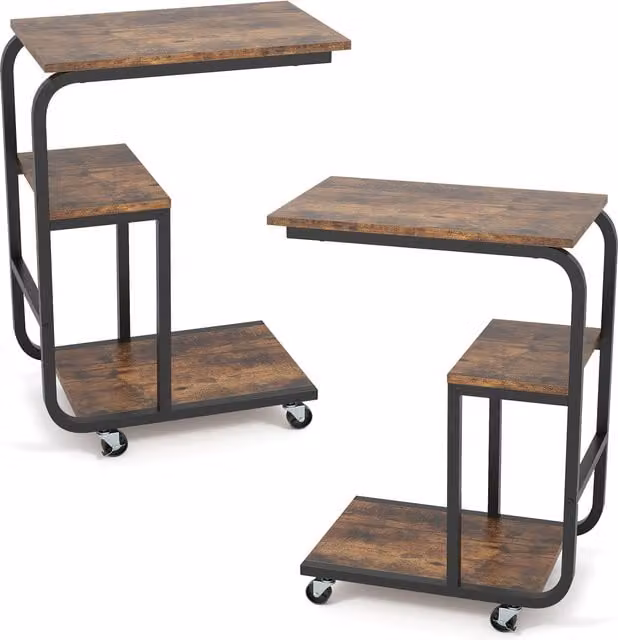 Gymax Set of 2 Industrial C-Shaped Rolling End Tables in Brown