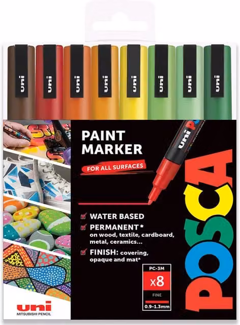POSCA PC-3M Paint Marker Art Pen Set with Bullet Nib, Spectrum A Multicolour and Green Pigment, Pack of 8