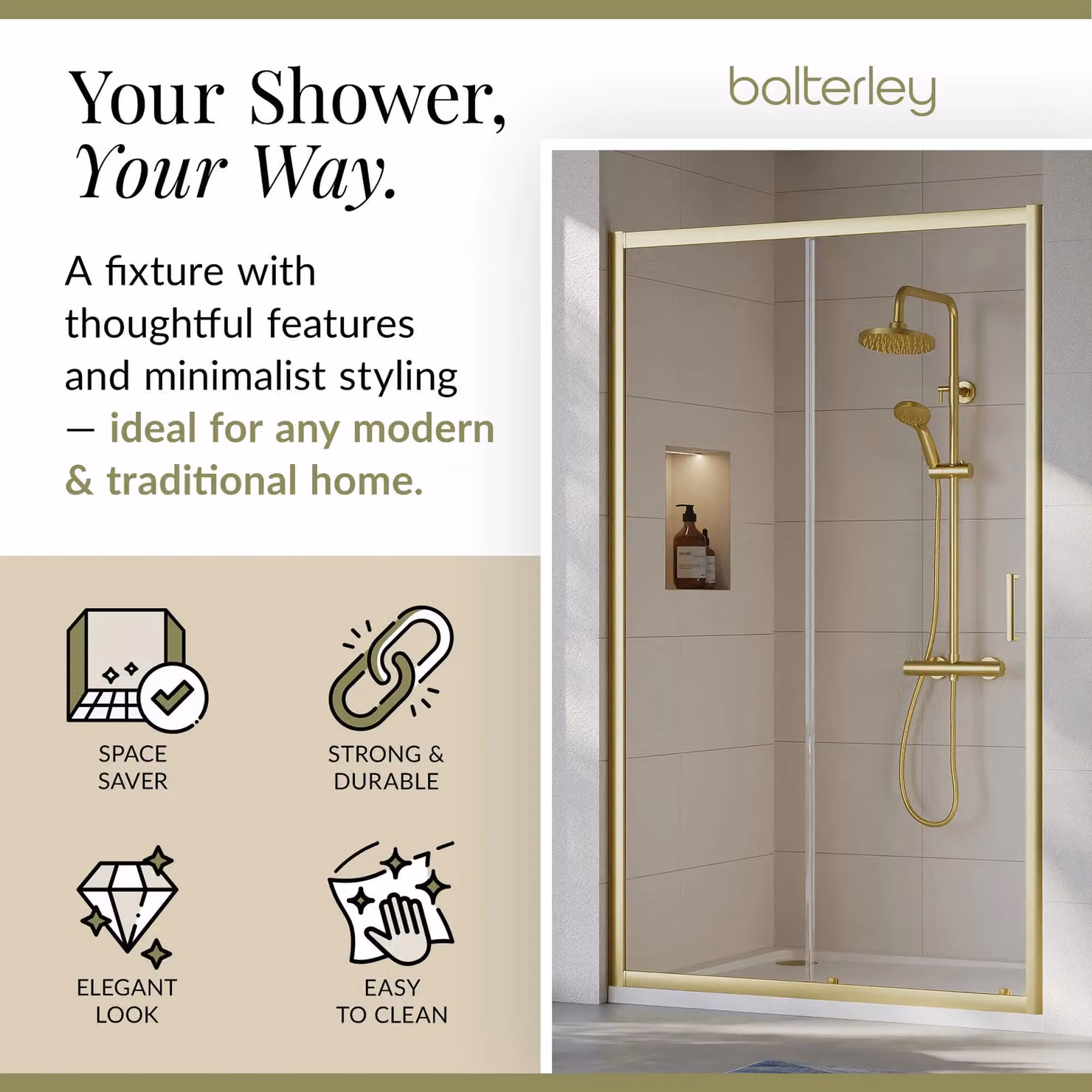Balterley 6mm Glass Sliding Shower Door, Gold, W: 120 cm, H: 190 cm – 2
