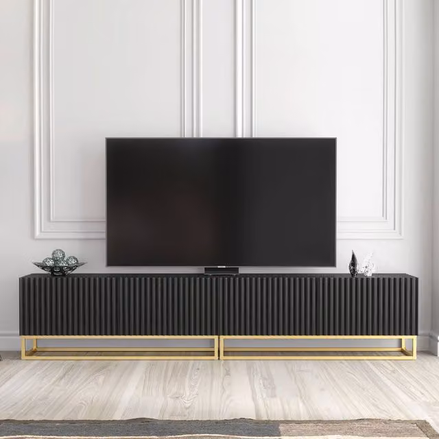 Creative Furniture Ripple Duo TV Unit in Black and Gold, Modern Fluted Design, W: 200 cm, D: 45 cm, H: 35 cm
