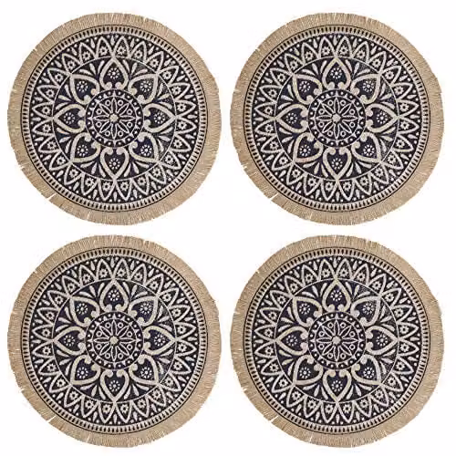 Creative Tops Set of 4 Round Jute Placemats with Blue and Brown Mandala Design, Diameter: 42 cm – 1