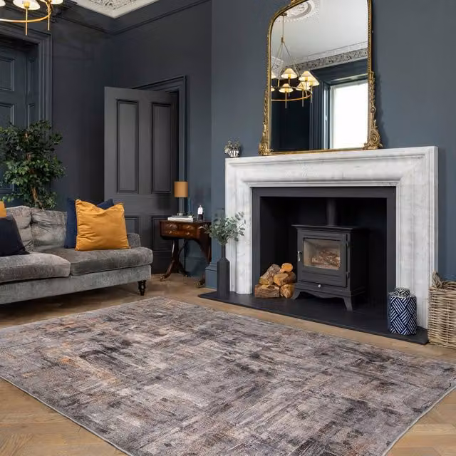 Kukoon Abstract Design Cotton Chenille Rug in Grey and Gold, W: 80 cm, L: 300 cm