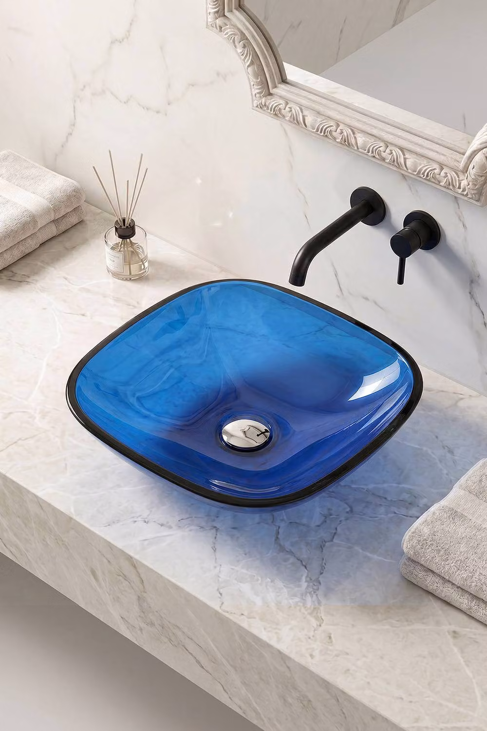 Living and Home Blue Glass Topmount Vessel Sink Vanity – 3