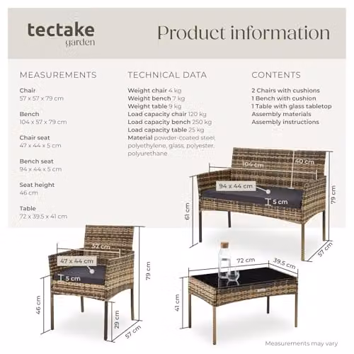 tectake 4-Seater Rattan Garden Furniture Set with 2-Seater Sofa, 2 Lounge Armchairs, Coffee Table and Upholstered Cushions in Grey and Brown – 6