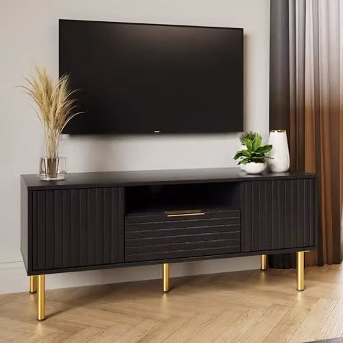 GFW Nervata Art Deco TV Unit in Black and Gold with 2 Doors and 1 Drawer, W/D/H: 119.5 x 39.0 x 49.0 cm