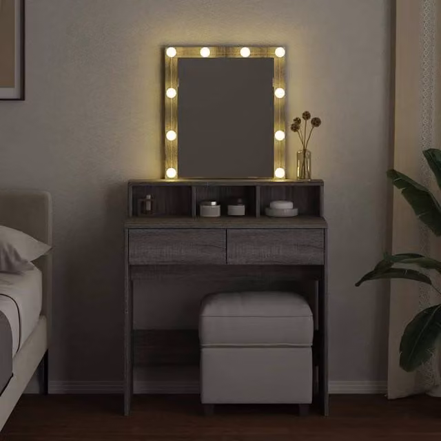 Berkfield Home Beautiful Modern LED Dressing Table in Grey Sonoma, W: 80 cm, D: 41 cm, H: 144.5 cm