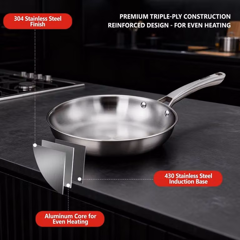 EONLION 3-Piece Stainless Steel Frying Pan Set for Induction Hobs, Silver