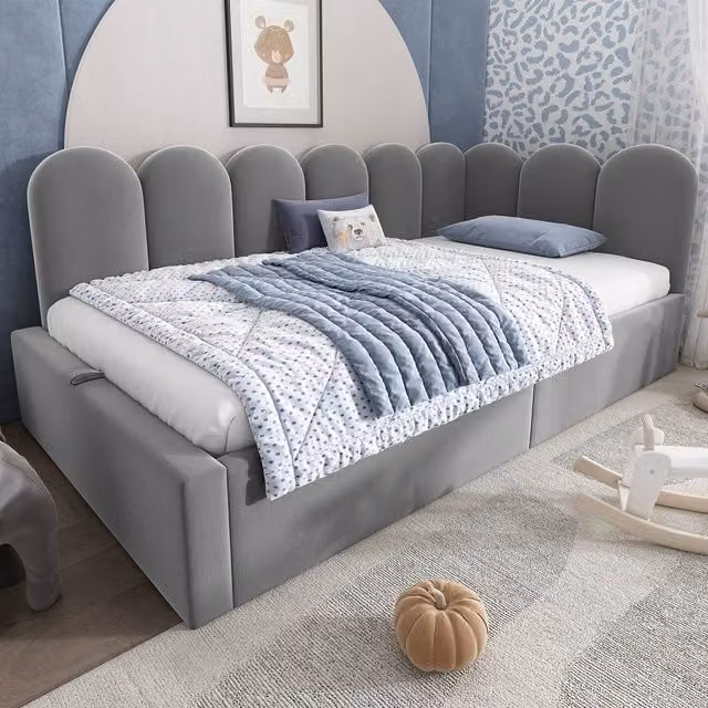 Rolipo Grey Velvet Single Daybed with Hydraulic Storage W/D/H: 90 x 190 cm