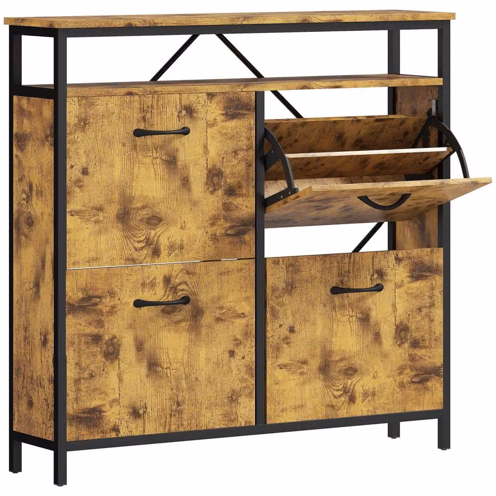 Wyld Haus Vebael Industrial Shoe Cabinet in Brown and Black with 4 Tilting Compartments and Top Shelf – 2