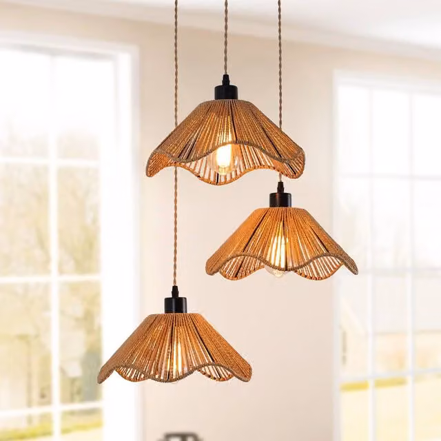NIVOR 3 Light Boho Rattan and Metal Farmhouse Pendant Chandelier in Brown – 1