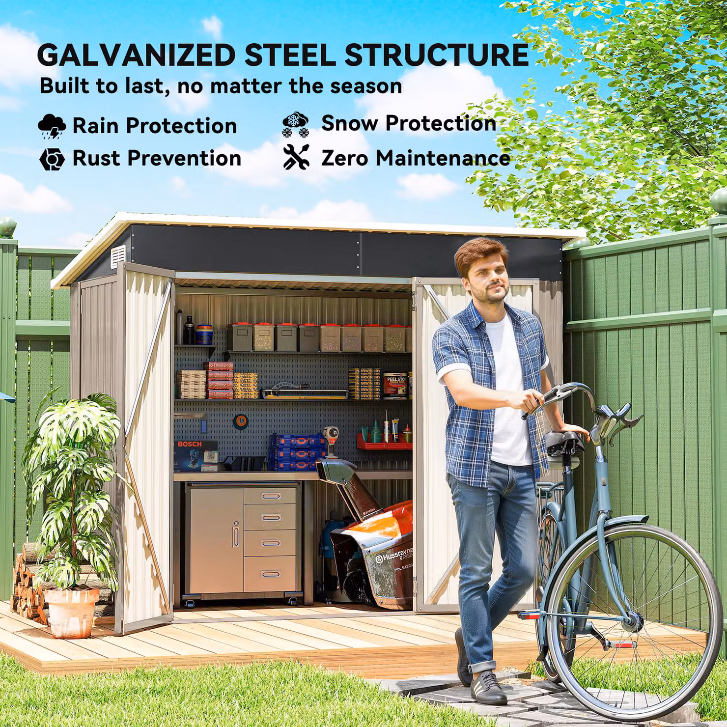 Outsunny Metal Garden Storage Pent Shed in Light Grey with Lockable Double Doors and Side Vents – 5