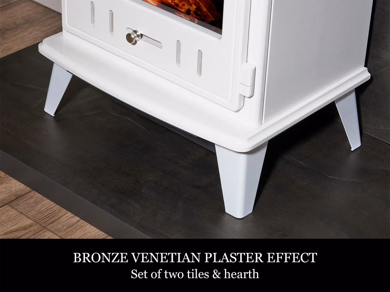Acantha Tile and Hearth Set in Bronze Venetian Plaster Effect with Aviemore Electric Stove and White Angled Pipe – 3