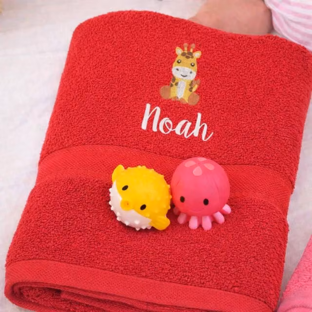 Duncan Stewart Personalised Red Giraffe Childrens Fluffy Cotton Terry Bath Towel, W: 70 cm, H: 130 cm