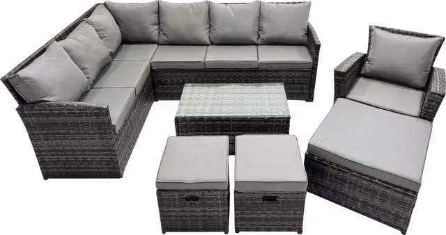 Fimous 10 Seat Poly Rattan L-Shape Corner Sofa Set with 3 Stools and Coffee Table in Dark Grey