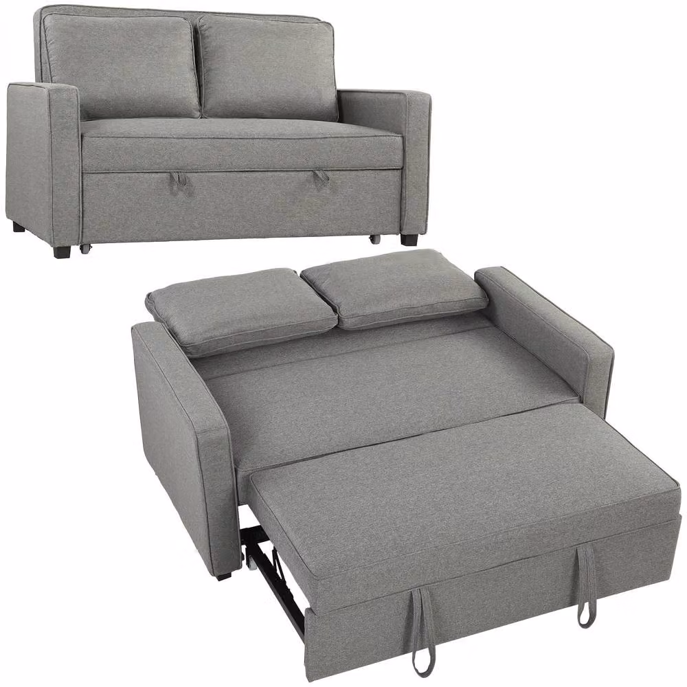 HOMCOM 2 Seater Click Clack Sofa Bed in Grey with Solid Wood Frame and Armrests – 2