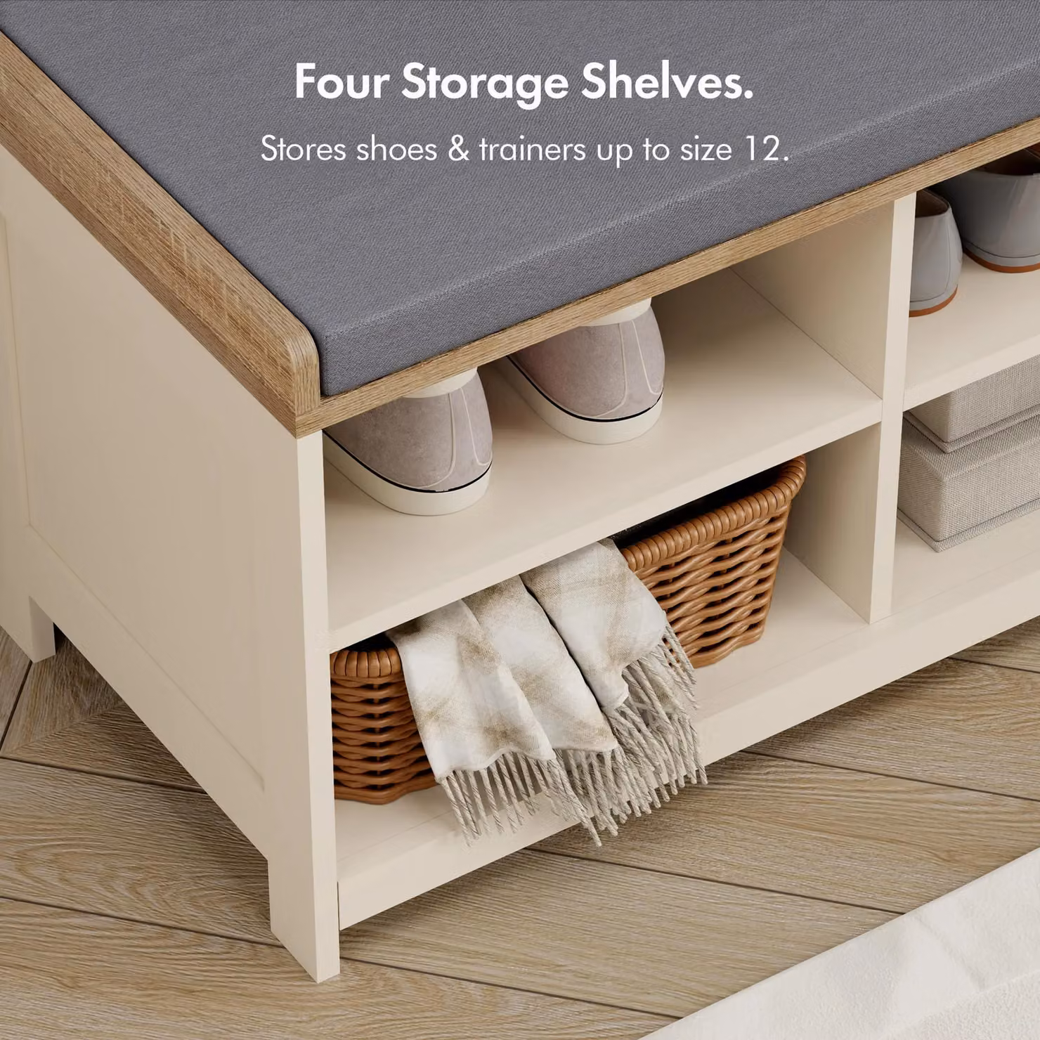 VonHaus Hallway Organiser Shoe Storage Bench with Seat in Grey or Beige, W/D/H: 80 x 38 x 45 cm – 4