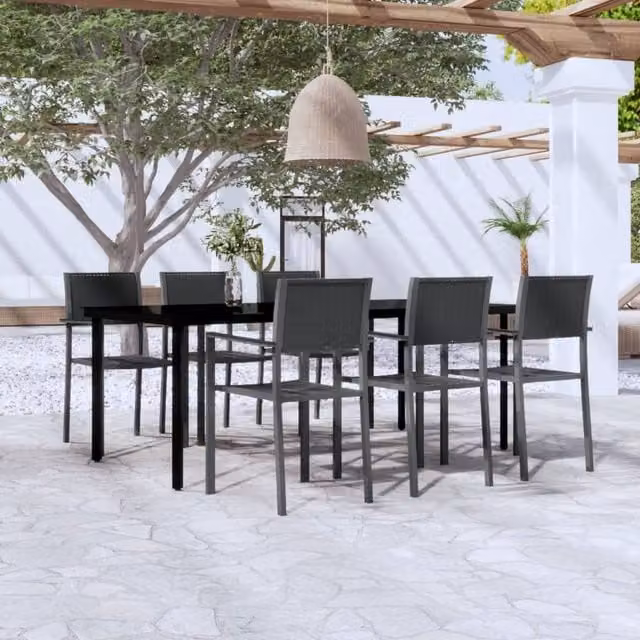 Berkfield Home 7 Piece Modern Garden Dining Set in Black with Glass Top and Powder Coated Steel Frame
