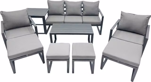 Fimous 9 Seat Modern Outdoor Furniture Set in Dark Grey with Powder Coated Aluminium Frame, 3 Seater Sofa, Coffee Table and 4 Ottomans
