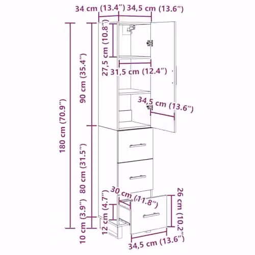 vidaXL Modern Black Oak Tall Unit with Hinged Doors and Internal Shelves, W/D/H: 34.5 x 34 x 180 cm – 3