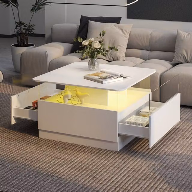 KEEPREAPER Modern White Glossy Coffee Table with 2 Drawers and LED Light – 1