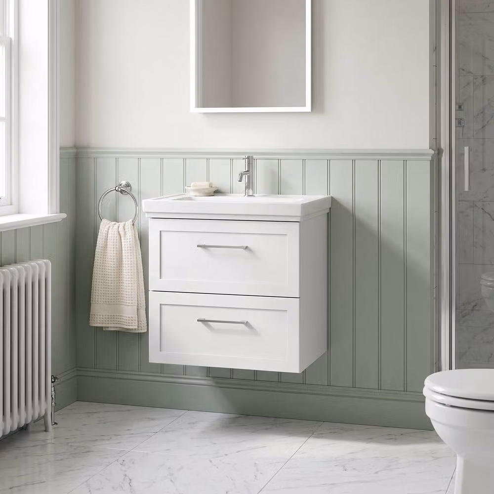 Balterley Stonnall Wall Mounted 2 Drawer Vanity Unit and 1TH Fireclay Basin, Matt White, Width: 60 cm – 2