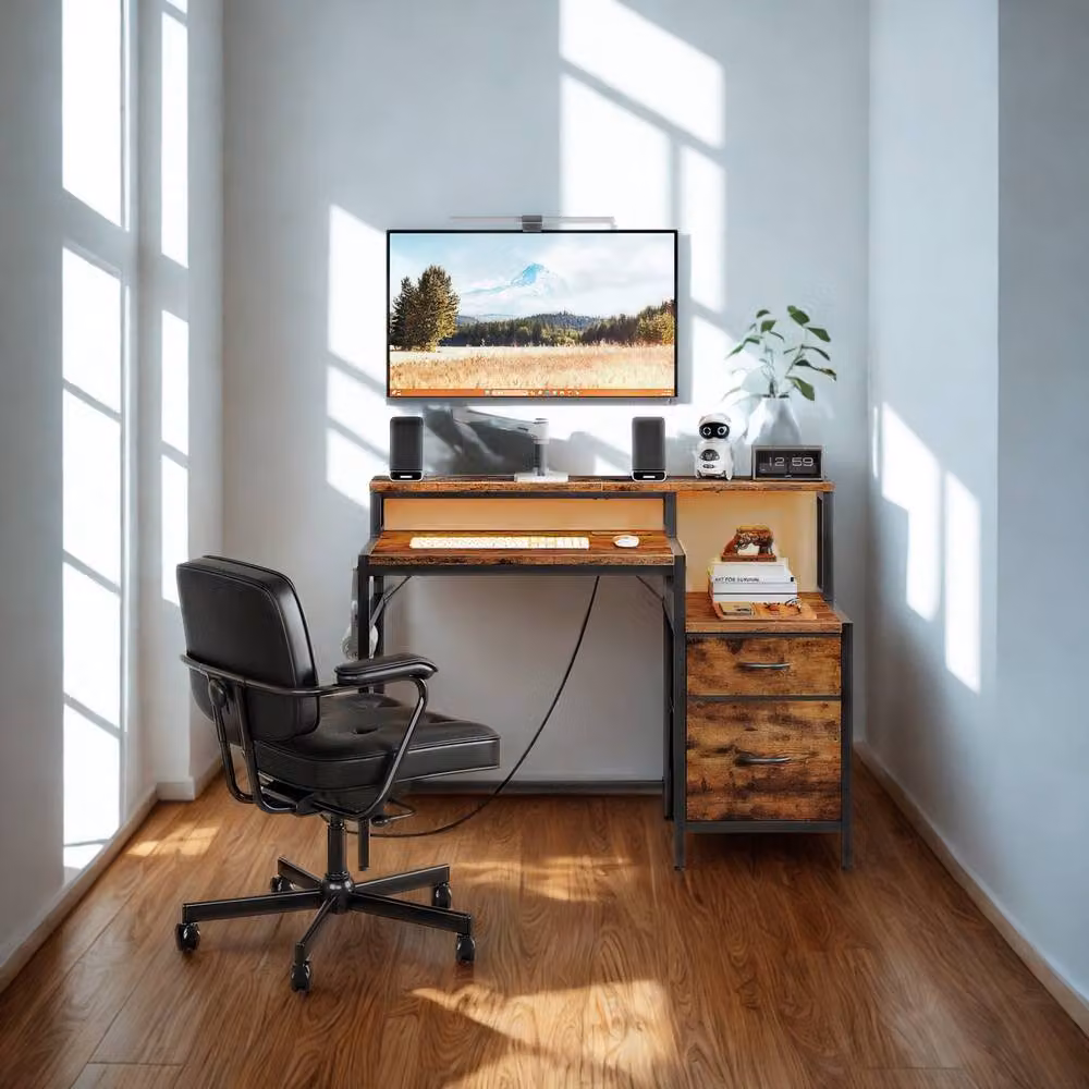FURNOS Industrial Computer Desk with Drawers, USB Outlets and LED Lights in Brown – 3