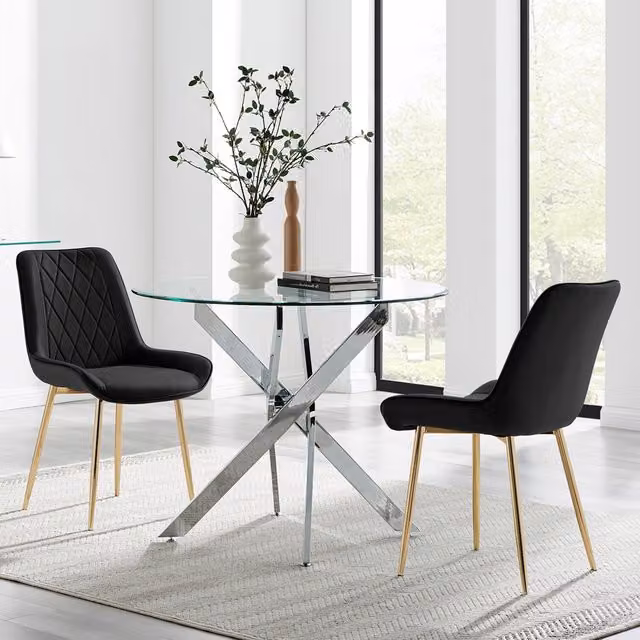 FurnitureboxUK Novara 100cm Round Glass Dining Table and 2 Pesaro Gold Leg Chairs in Black