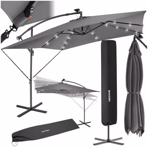 tectake Garden Parasol with Solar LED Lights, Water-Repellent Polyester Canopy and Hand Crank, Light Grey, W/D/H: 250 x 250 x 250 cm – 1