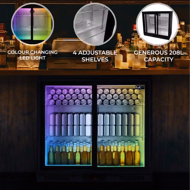 KuKoo Black Back Bar Fridge Cooler with Sliding Double Glass Doors and Stainless Steel Finish