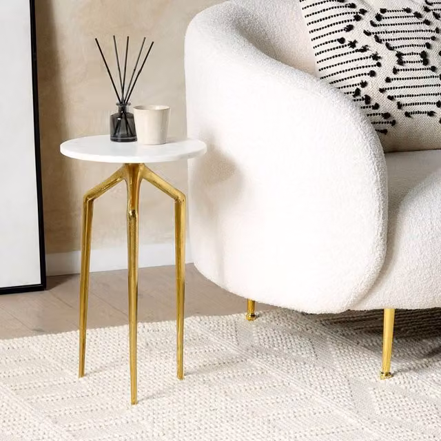 Wyld and Coco Round White Marble Side Table with Gold Legs, Diameter: 30 cm, Height: 54 cm