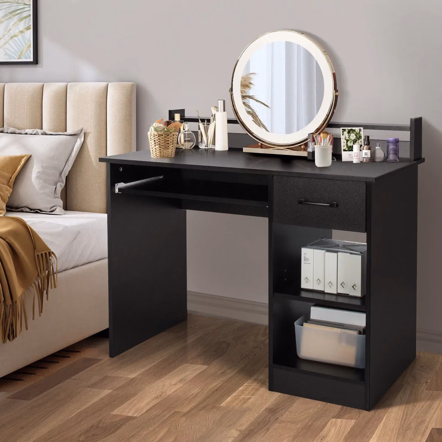 Gymax Modern Computer Desk with Display Shelf and Drawer in Black – 3