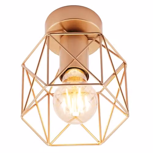 Happy Homewares Vintage Industrial Gold Ceiling Lighting Fitting with Wire Cage Design, W/D/H: 17 x 15 x 15 cm
