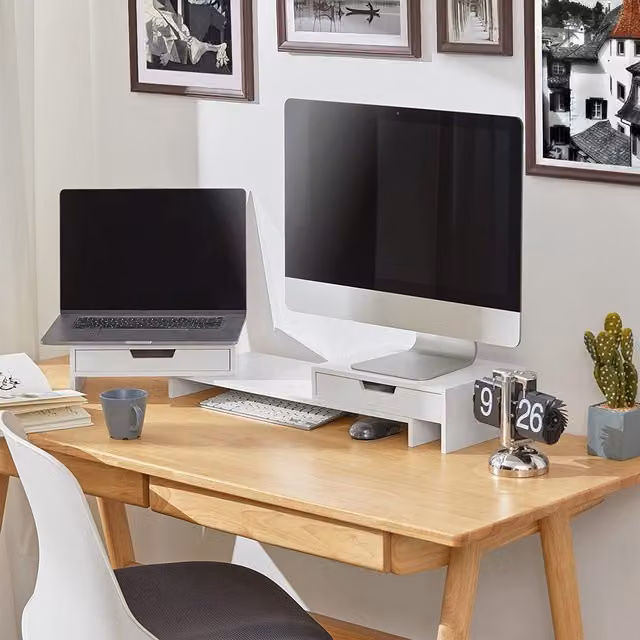 SoBuy Extendable 2 Monitor Riser Desk Organiser, White