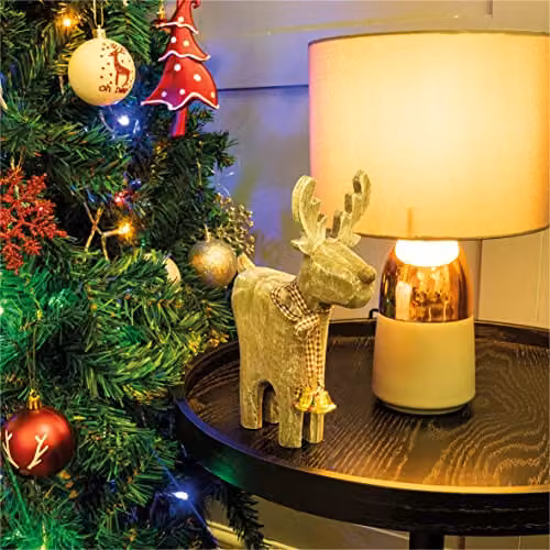 St Helens Home & Garden Wooden Reindeer Christmas Decoration with Brown Checked Collar and Bells in a Rustic Finish – 6