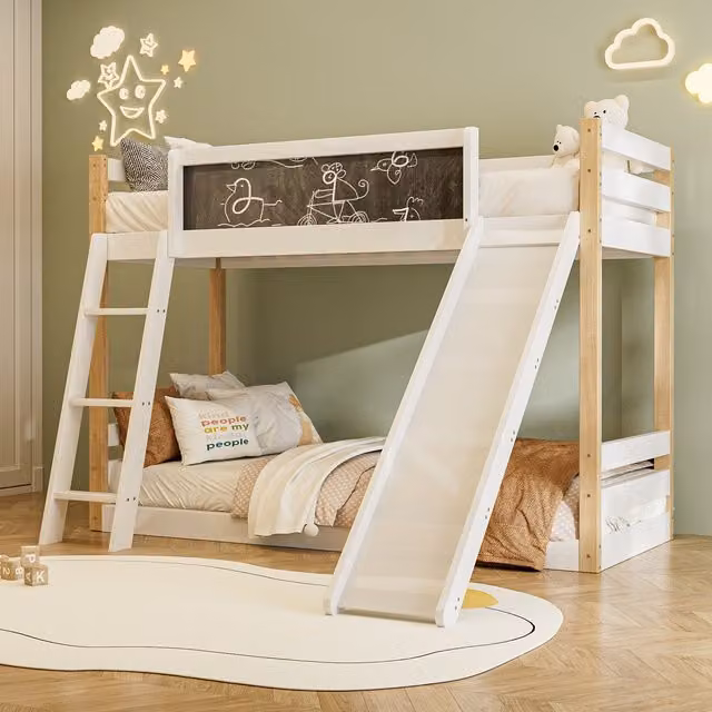 Aosom UK Modern White Solid Wood Childrens Bunk Bed Frame with Slide, Storage Stairs and Guardrails, L: 194 cm, W: 124 cm, H: 148 cm