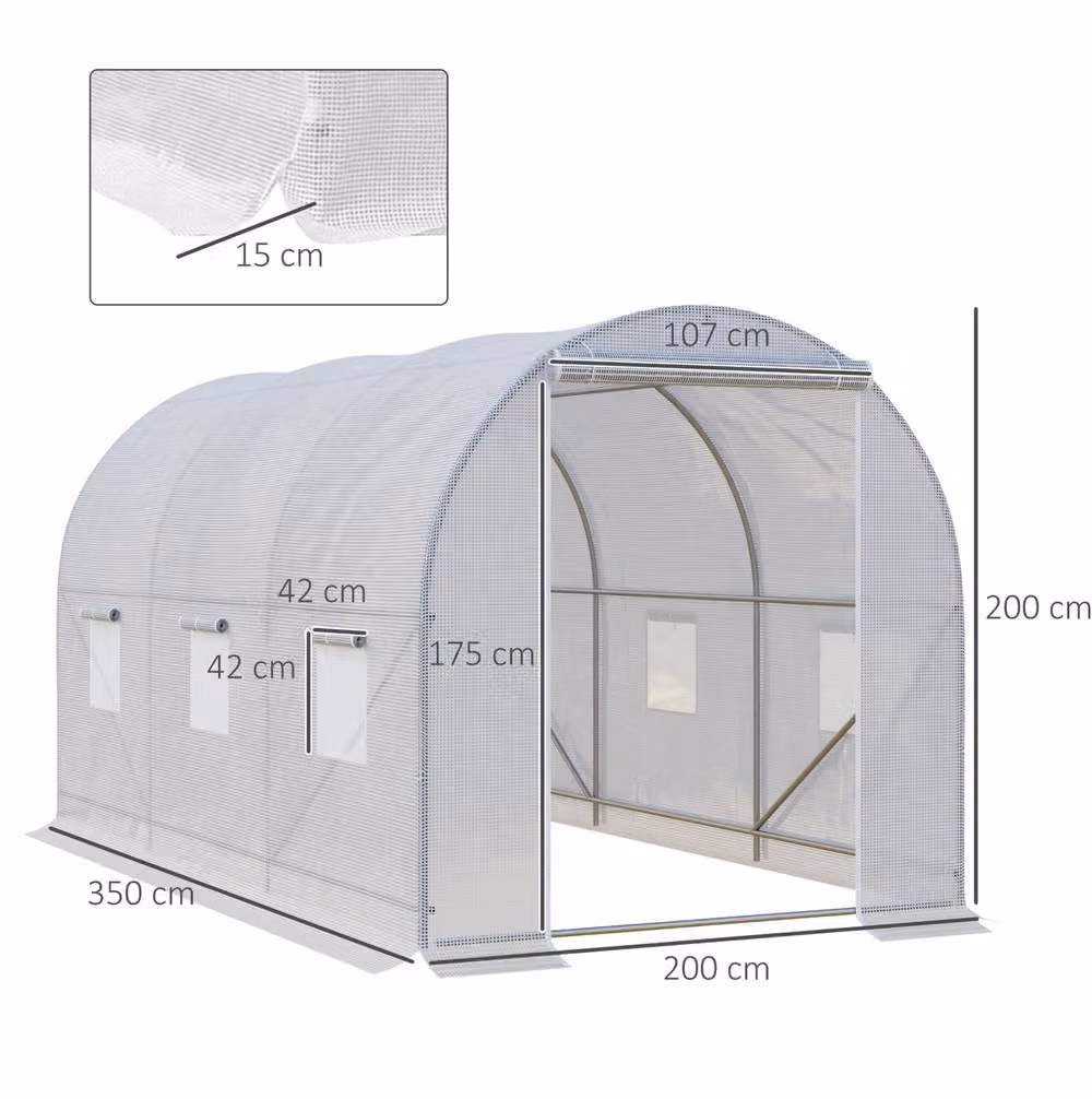 STILVORA Walk-in Greenhouse with 6 Windows and PE Cover, White, W: 350 cm, D: 200 cm, H: 200 cm – 3