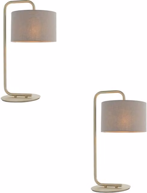 Loops 2 Pack Satin Champagne Table Lamps with Grey Fabric Cylinder Shades in Gold/Brass and Grey