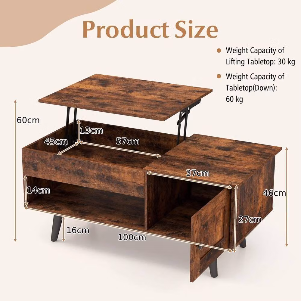 FLAVORA Brown Flip Top Coffee Table with Hidden Storage and Lift Mechanism – 2