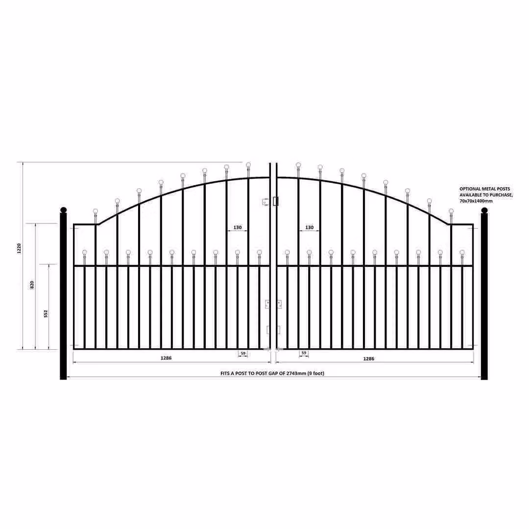 Burbage Iron Craft Manor Ball Top Arched Double Driveway Swing Gate in Black, W: 274.3 cm, H: 122.0 cm – 2