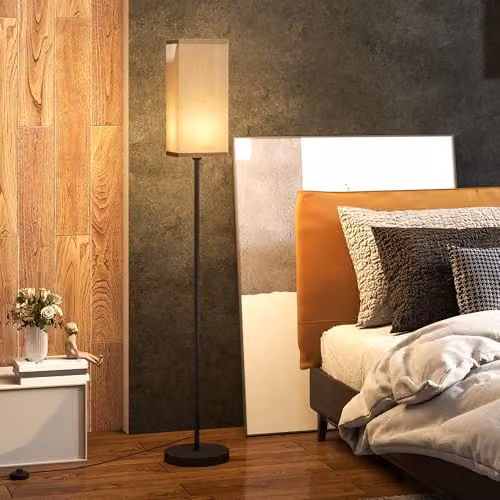 HOMCOM Minimalist Standing Floor Lamp with Linen Shade in Black and Light Brown – 2