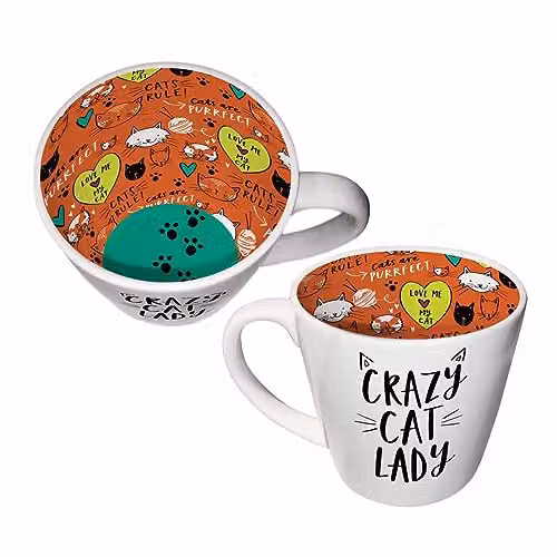 WPL Crazy Cat Lady Ceramic Mug, Multicolour and White, 350 ml