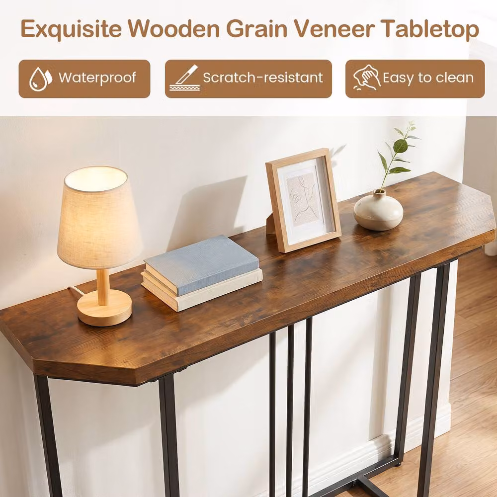 Gymax Modern Narrow Console Table with Brown Wood Grain Finish – 4
