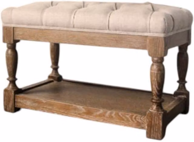 Minster Buttoned Stool with Wooden Frame in Brown and Beige, W: 48 cm, D: 62 cm, H: 37 cm