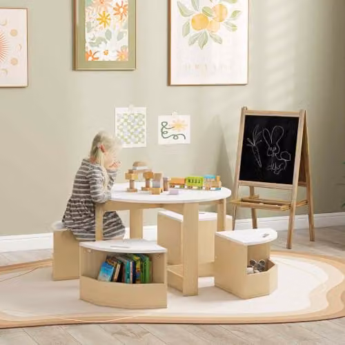 AIYAPLAY Five-Piece Kids Table and Chairs Set with Storage in White – 2
