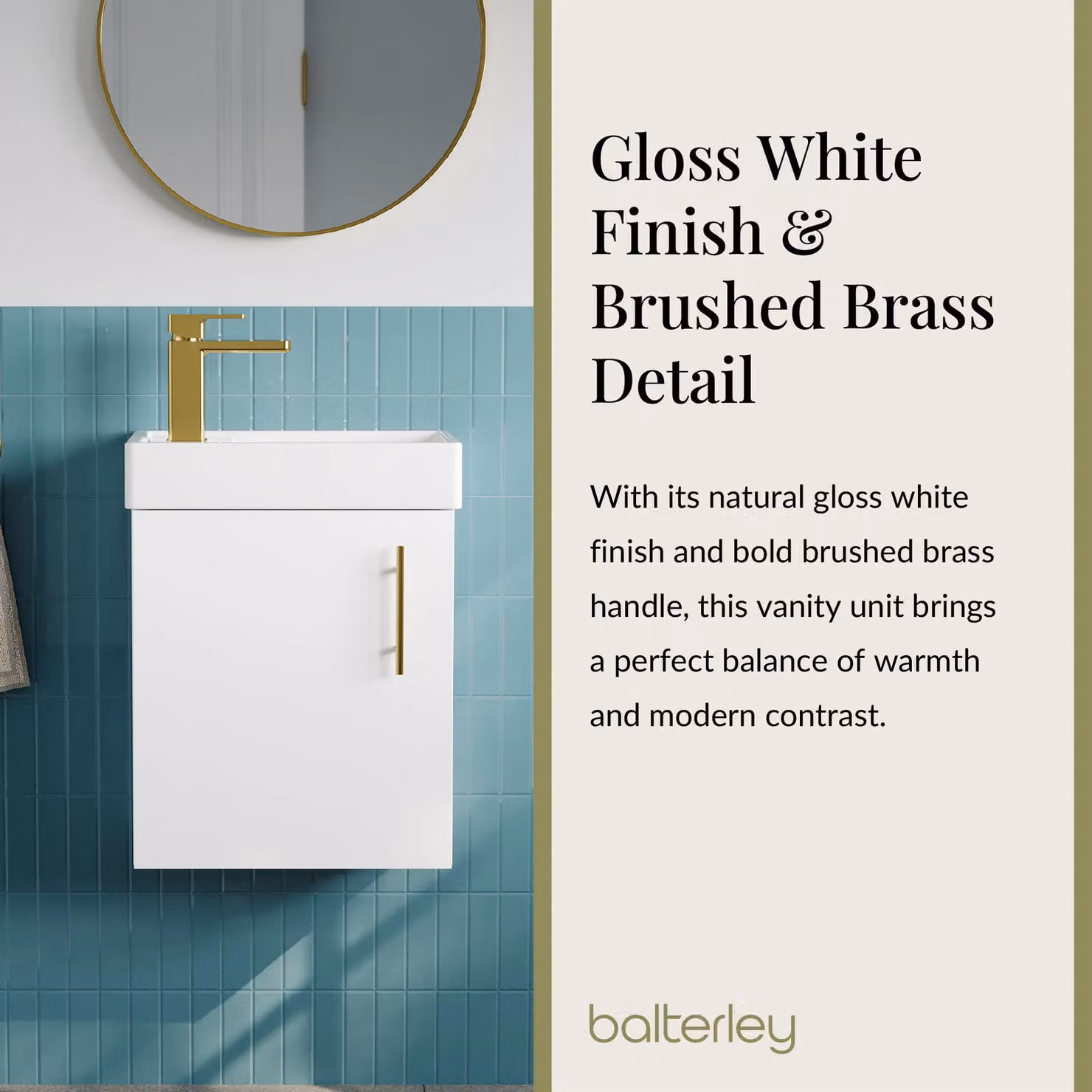 Balterley Modern Gloss White Wall Mounted Vanity Basin with Gold Hinged Soft Close Doors, Width: 40 cm – 3