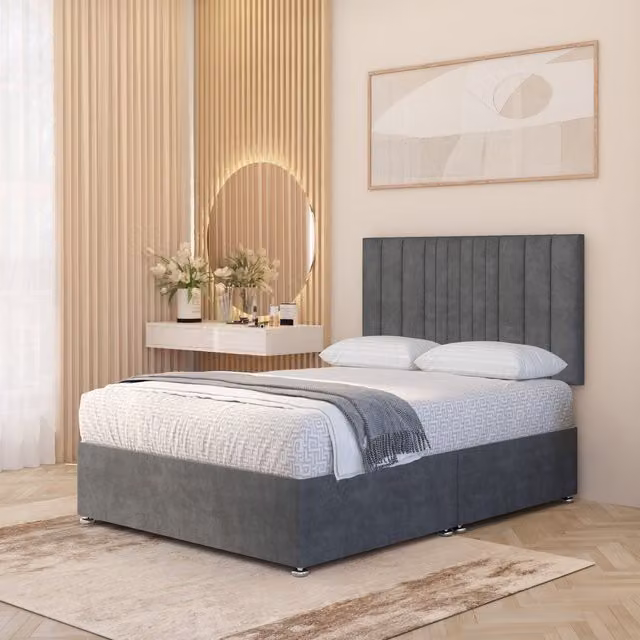 Somnior Beds Ltd Arizona Plush Velvet Orthopaedic Divan Bed Set with Hybrid Mattress and Headboard, Silver/Grey, W/D/H: 120 x 200 x 28 cm